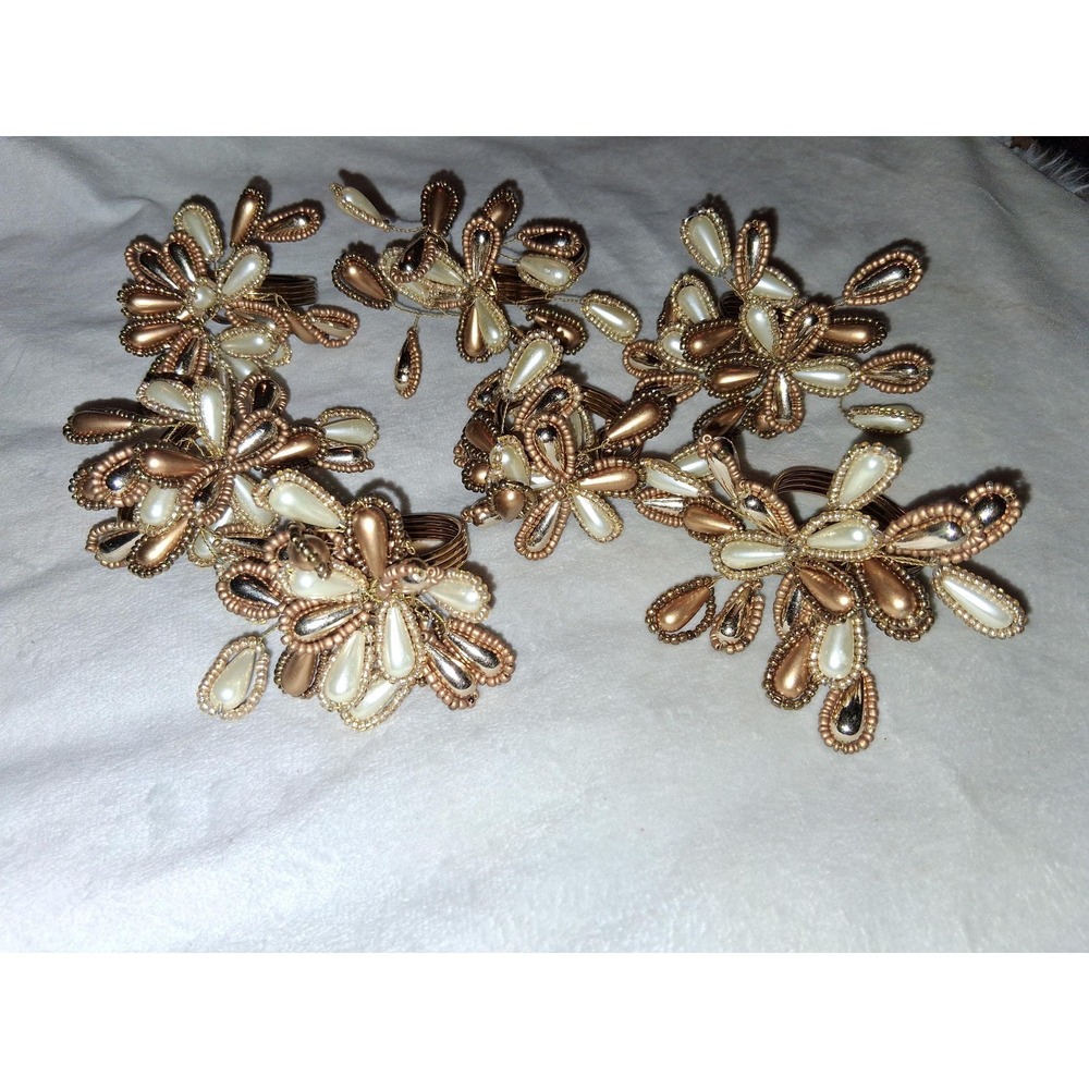 Handmade Beaded Napkin Rings • Set of 8 Gold & Pearl Teardrop Beads